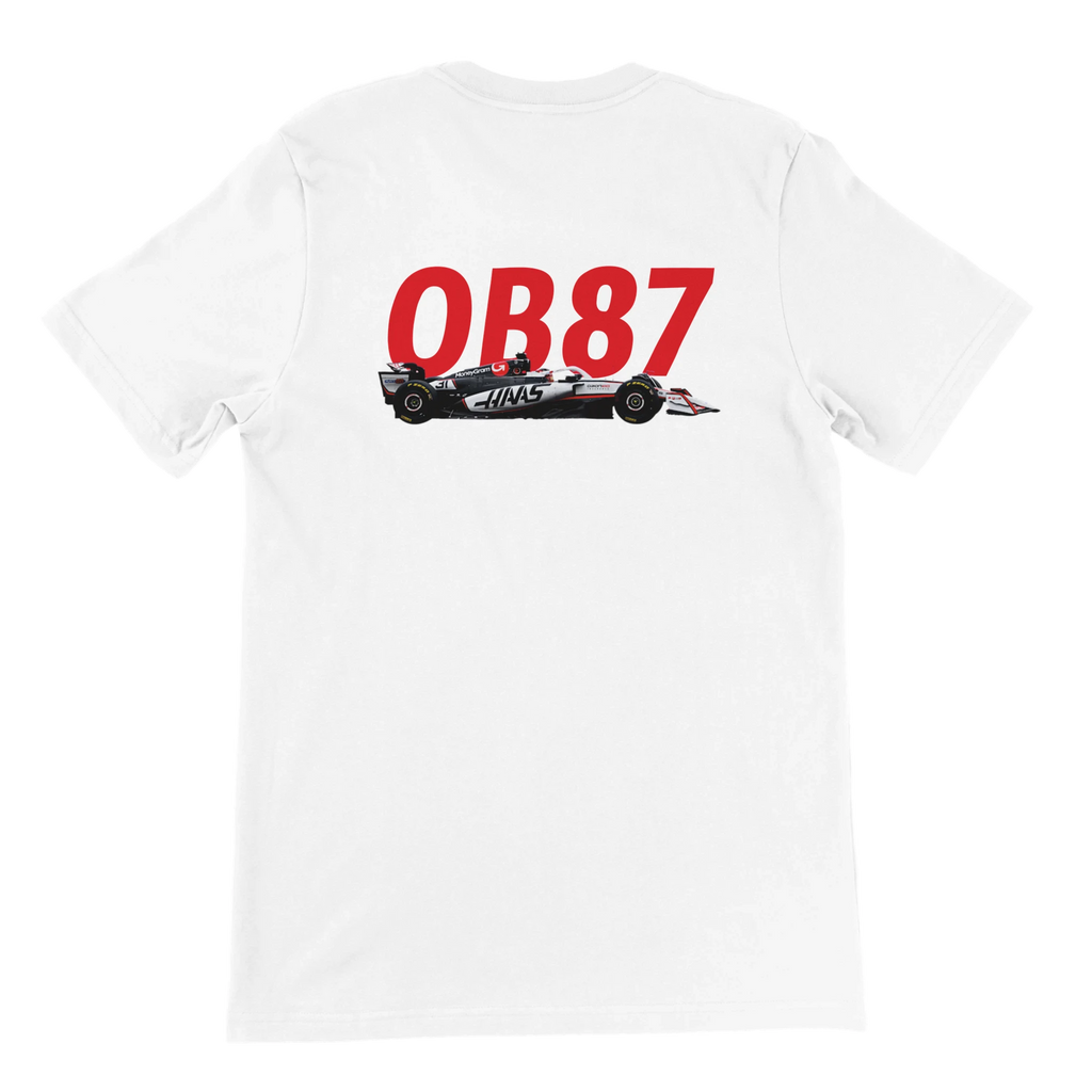 f111 merch white color t-shirt2 with oliver-bearman branding.