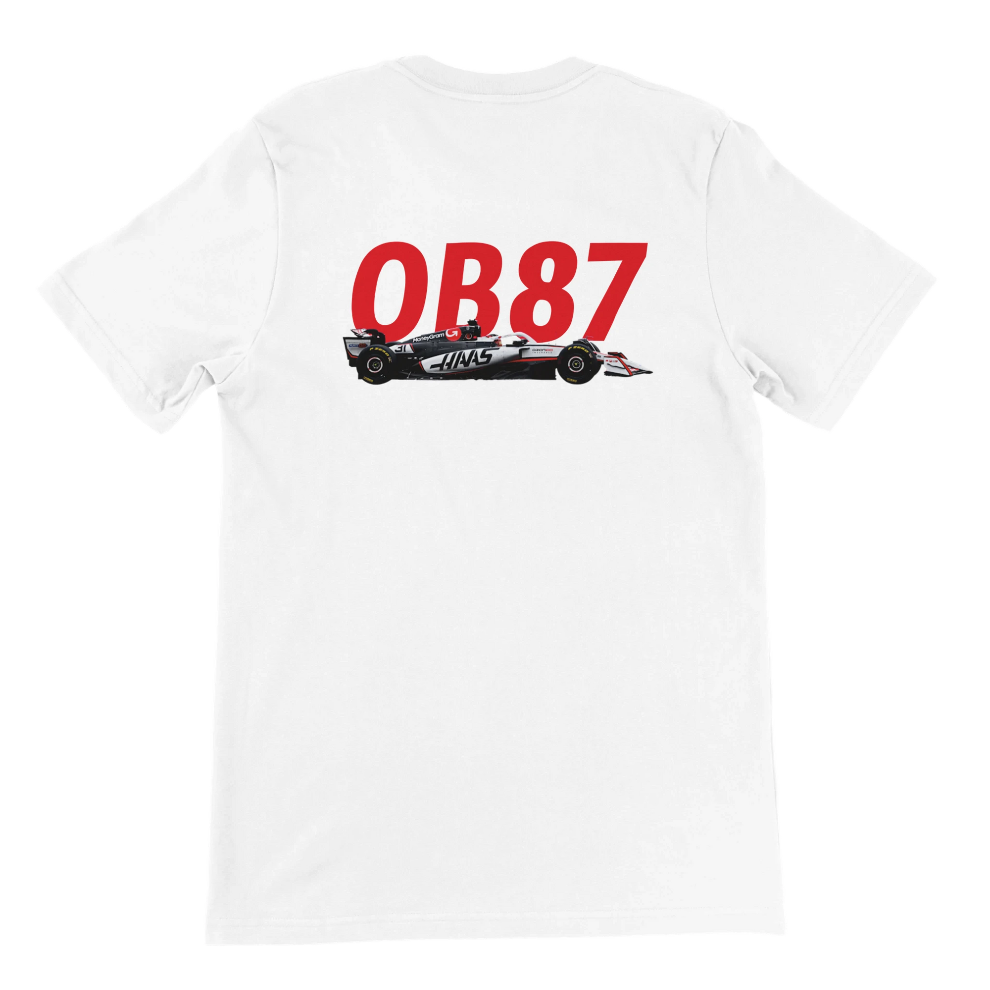 f111 merch white color t-shirt2 with oliver-bearman branding.