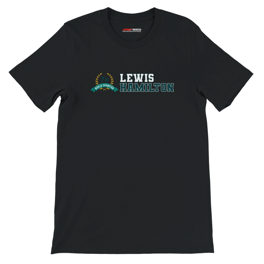f111 merch black color t-shirt3 with lewis-hamilton branding.