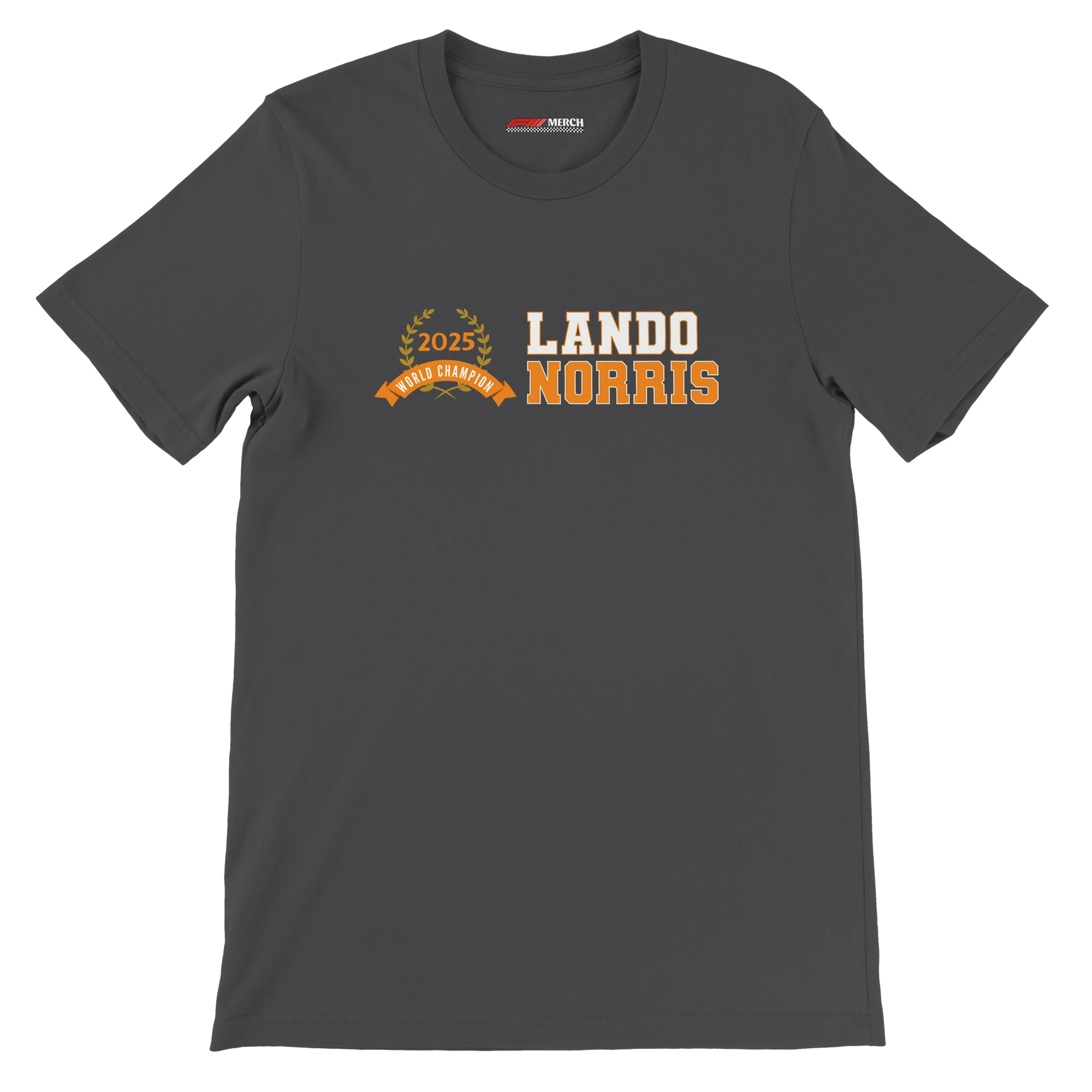 f111 merch dark-grey color t-shirt3 with lando-norris branding.