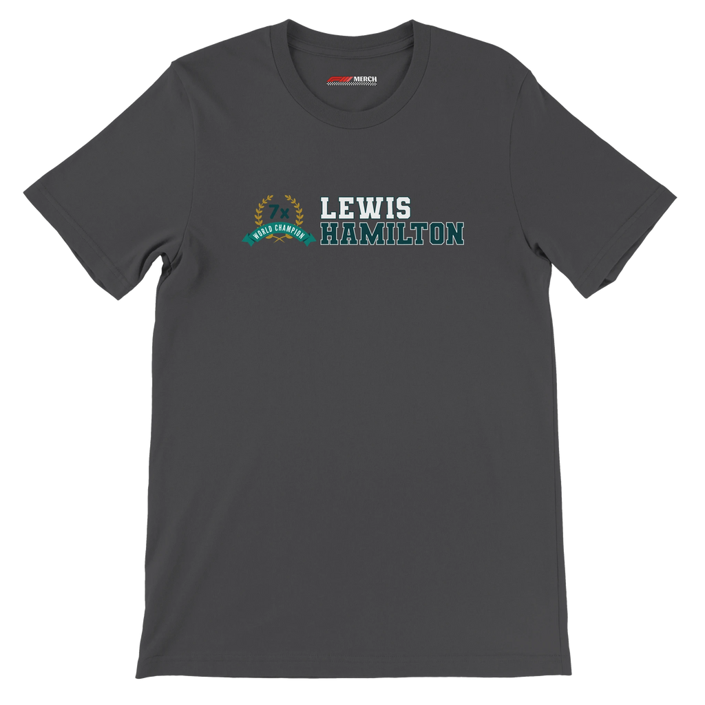 f111 merch dark-grey color t-shirt3 with lewis-hamilton branding.