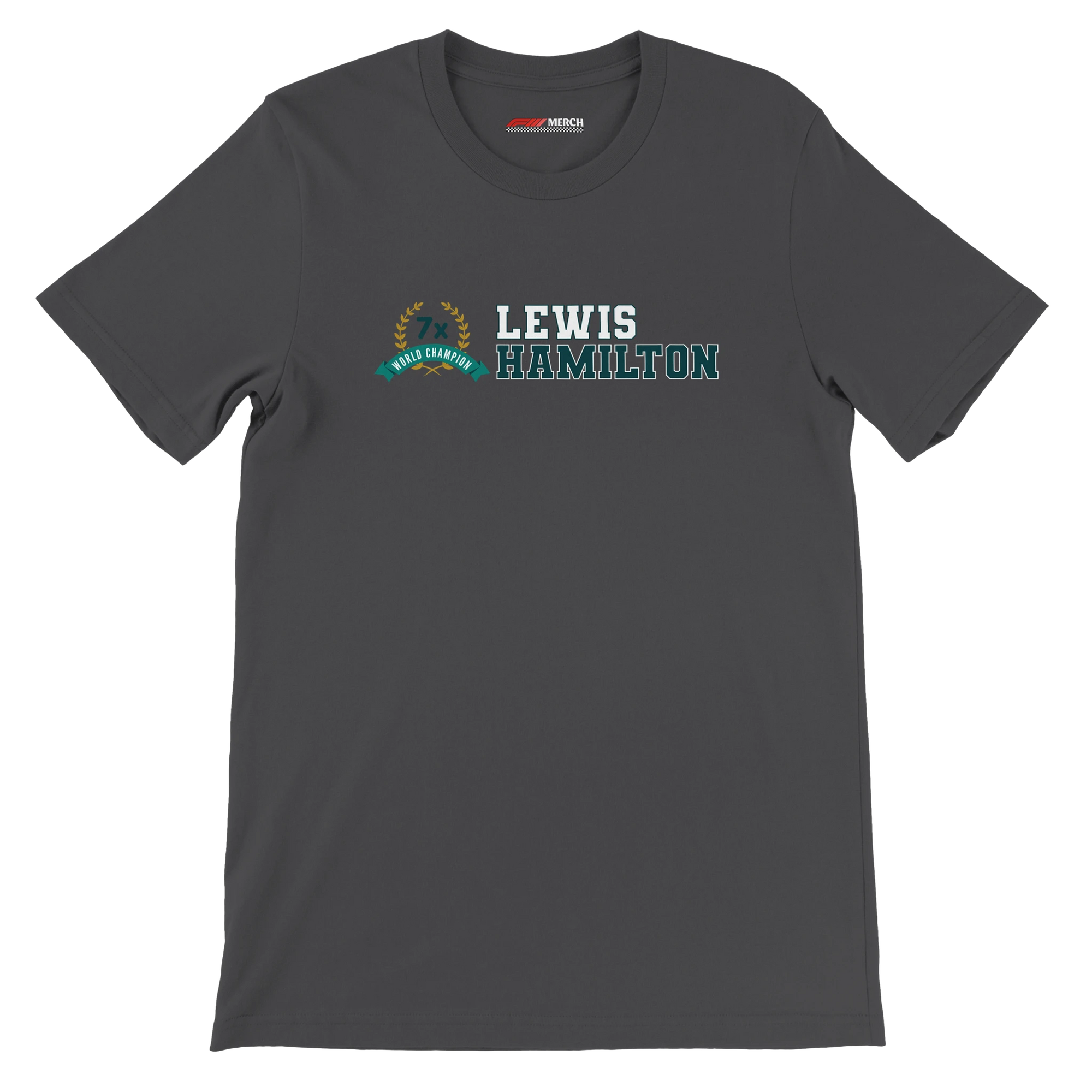 f111 merch dark-grey color t-shirt3 with lewis-hamilton branding.