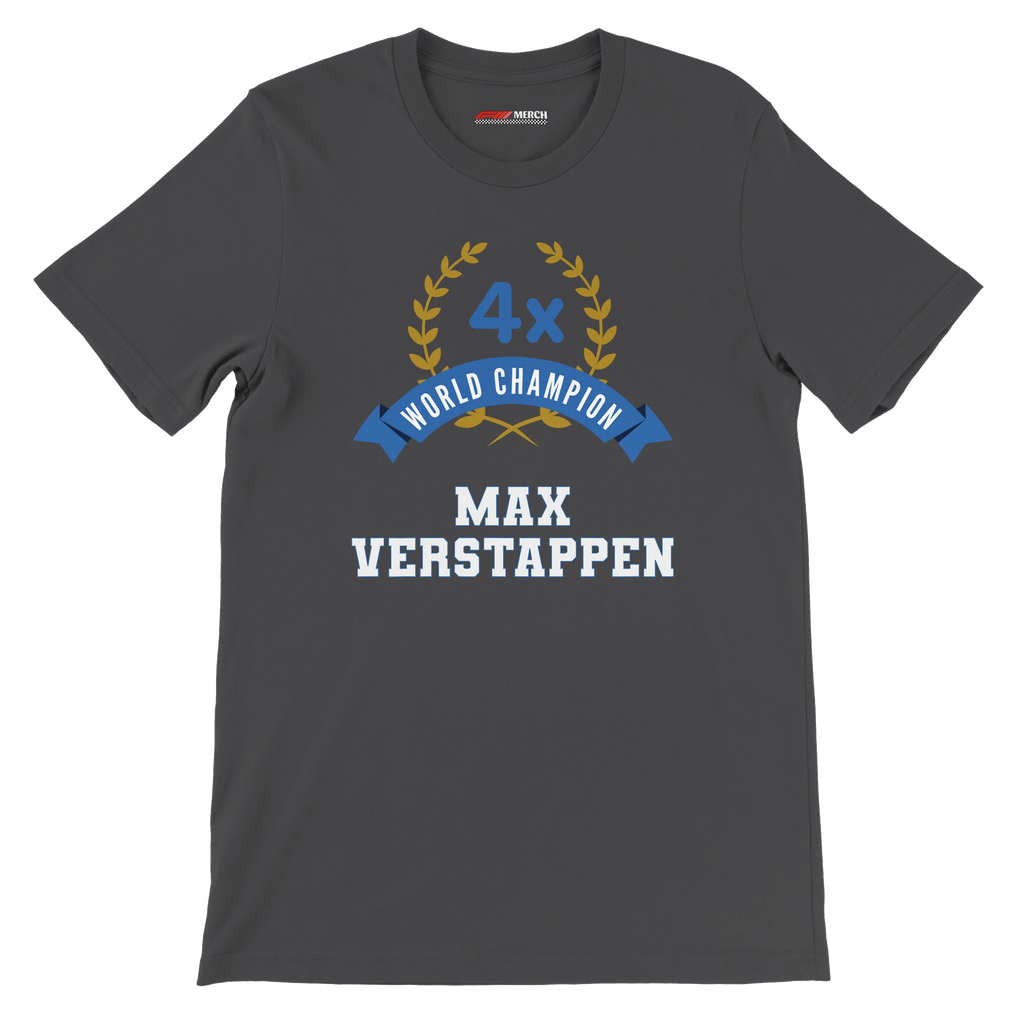 f111 merch dark-grey color t-shirt3 with max-verstappen branding.