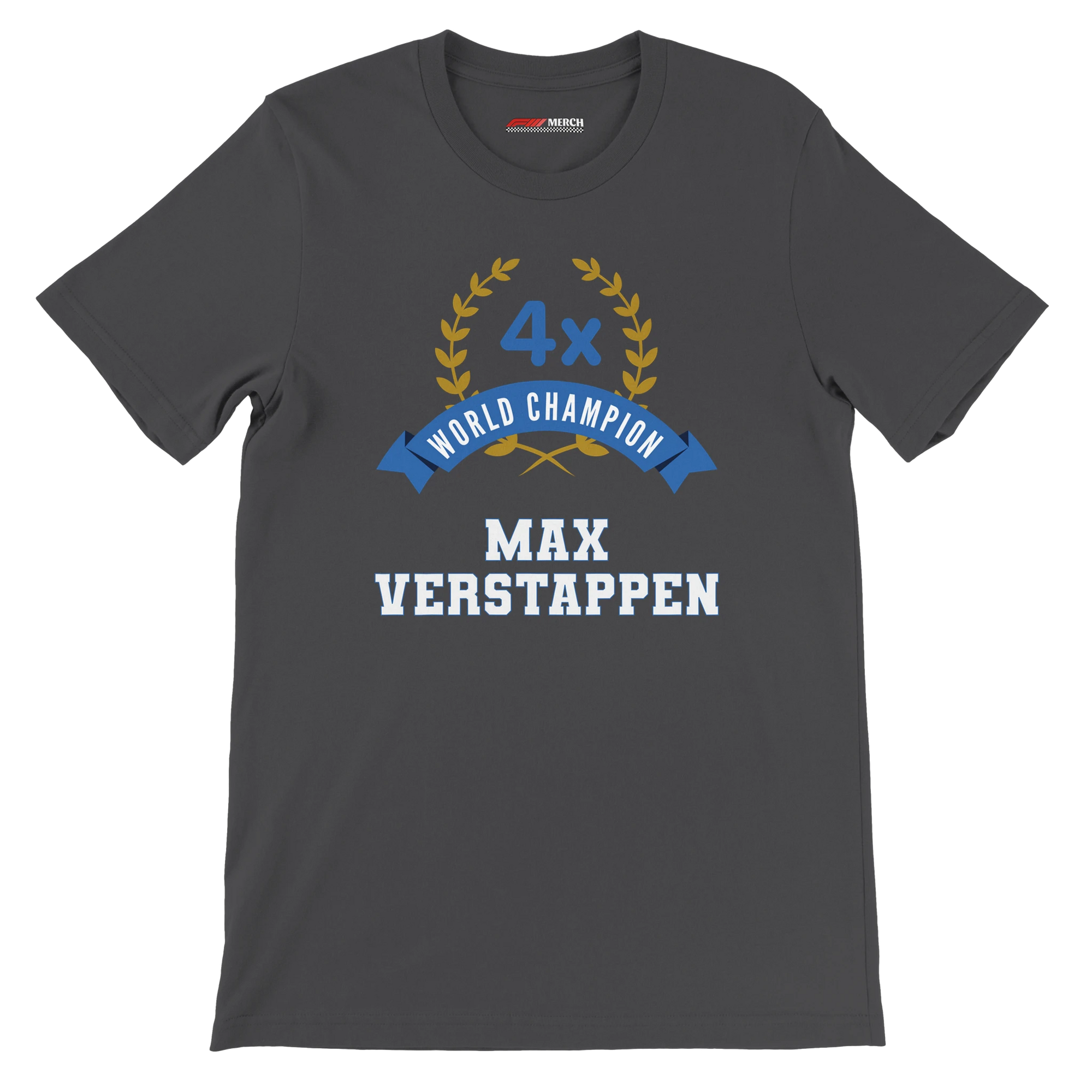 f111 merch dark-grey color t-shirt3 with max-verstappen branding.