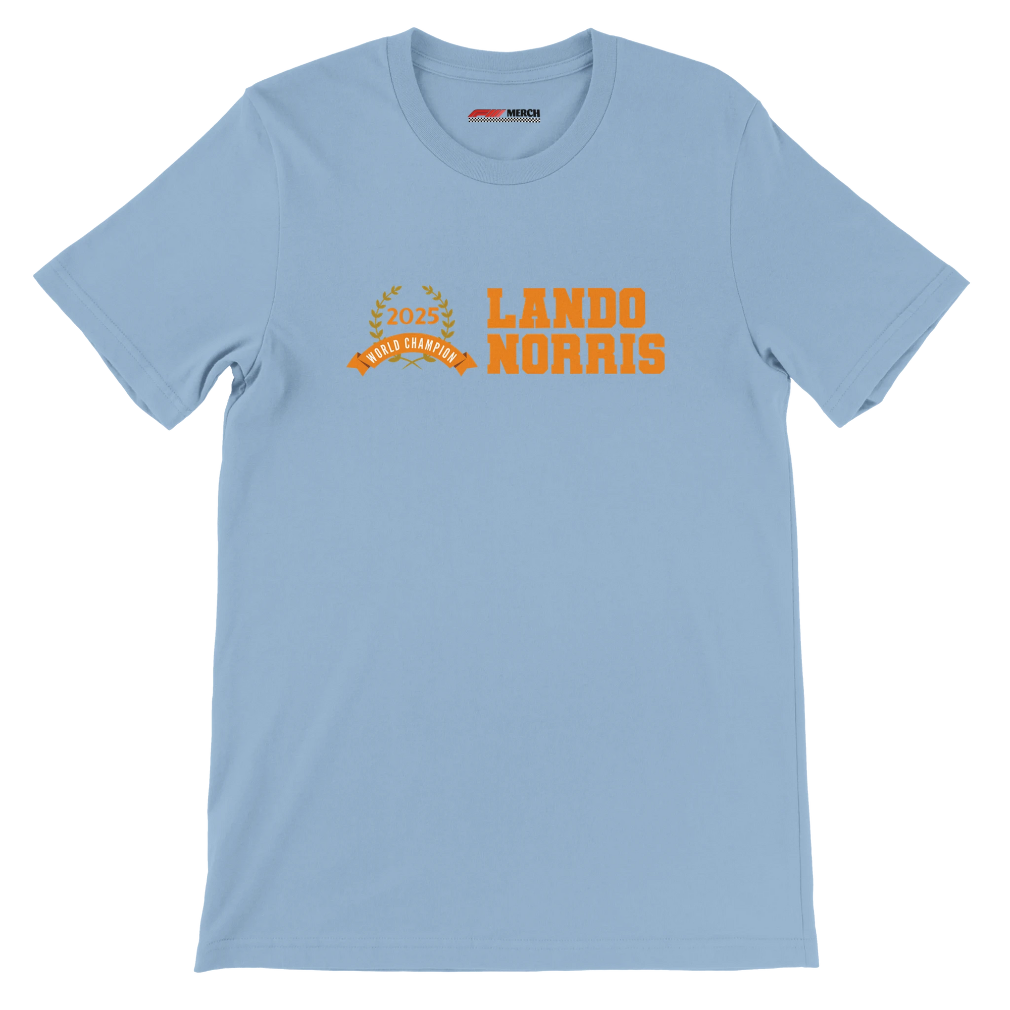 f111 merch light-blue color t-shirt3 with lando-norris branding.