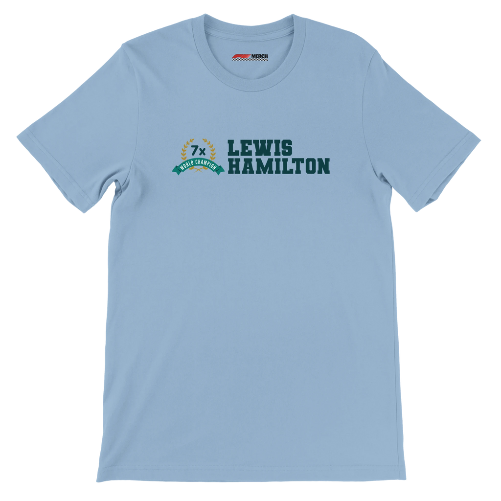 f111 merch light-blue color t-shirt3 with lewis-hamilton branding.