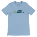 f111 merch light-blue color t-shirt3 with lewis-hamilton branding.