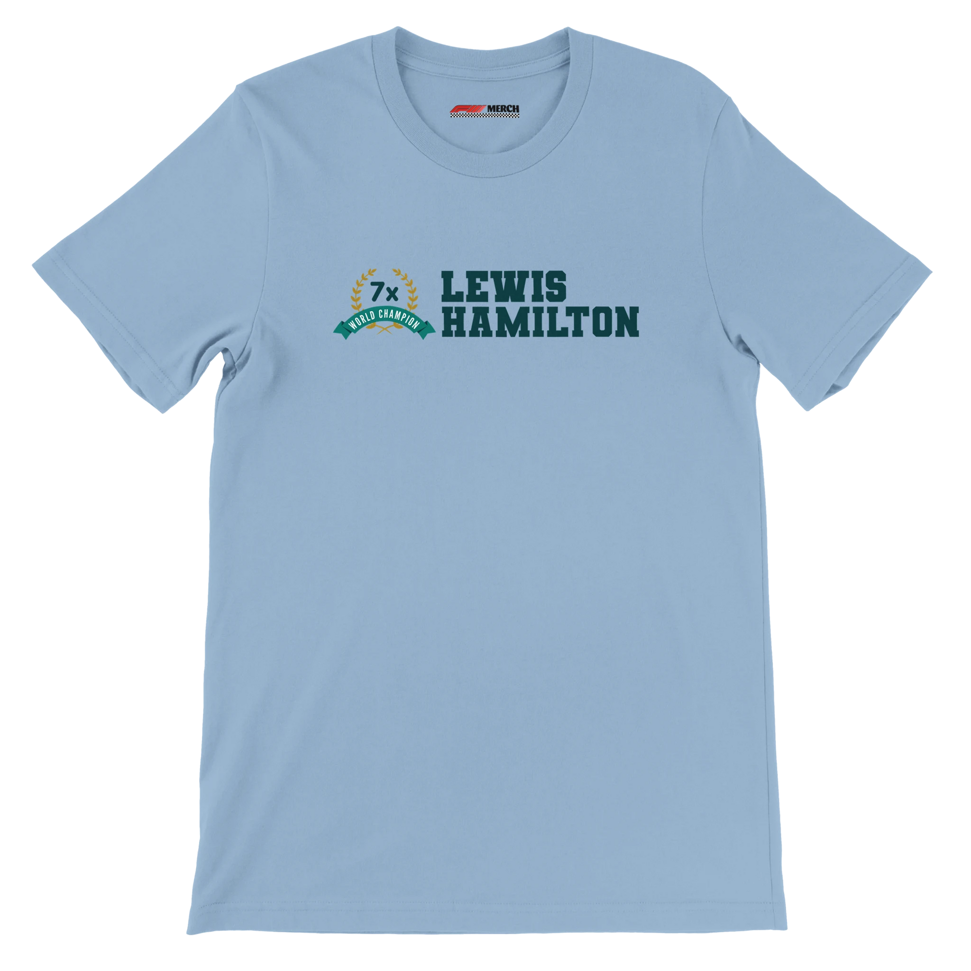 f111 merch light-blue color t-shirt3 with lewis-hamilton branding.