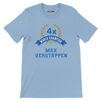 f111 merch light-blue color t-shirt3 with max-verstappen branding.