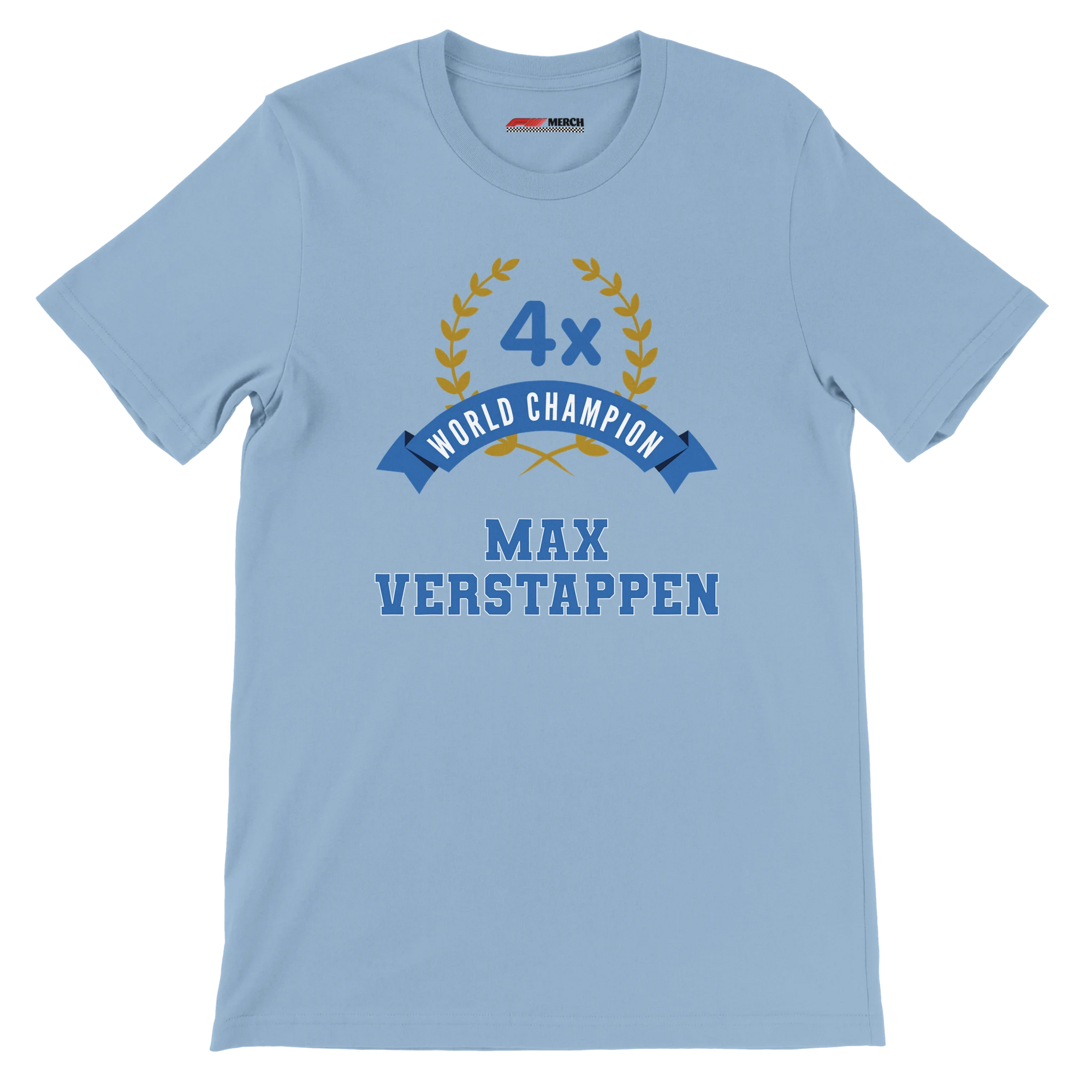 f111 merch light-blue color t-shirt3 with max-verstappen branding.