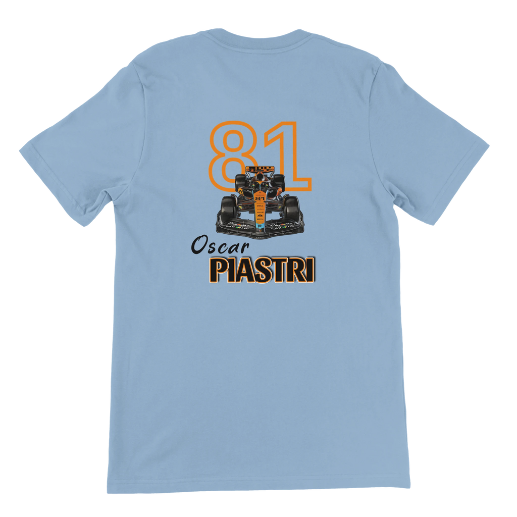f111 merch light-blue color t-shirt3 with oscar-piastri branding.