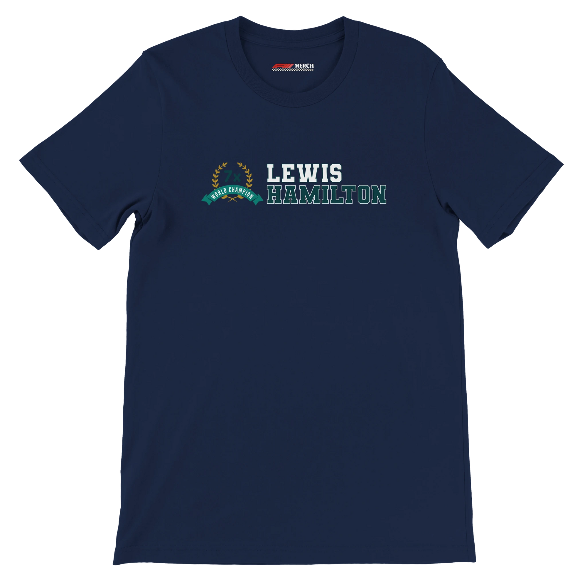 f111 merch navy color t-shirt3 with lewis-hamilton branding.