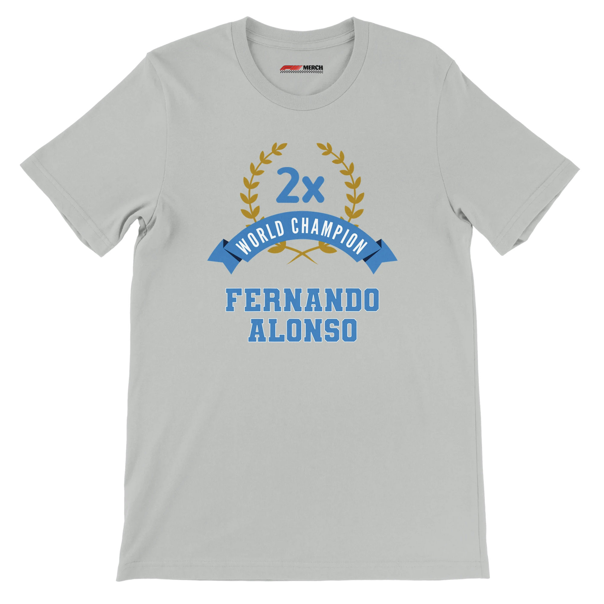 f111 merch silver color t-shirt3 with fernando-alonso branding.