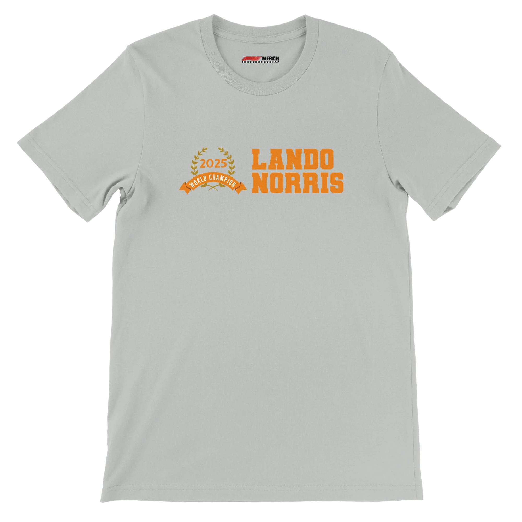 f111 merch silver color t-shirt3 with lando-norris branding.