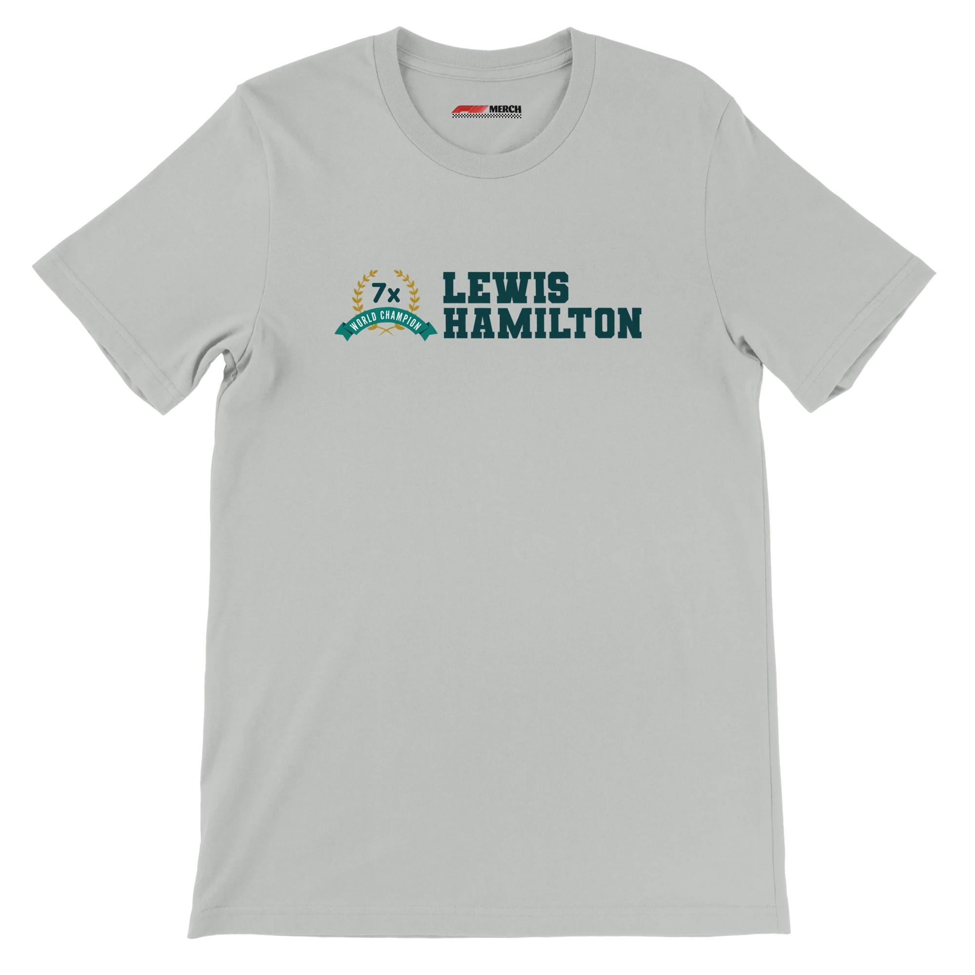 f111 merch silver color t-shirt3 with lewis-hamilton branding.