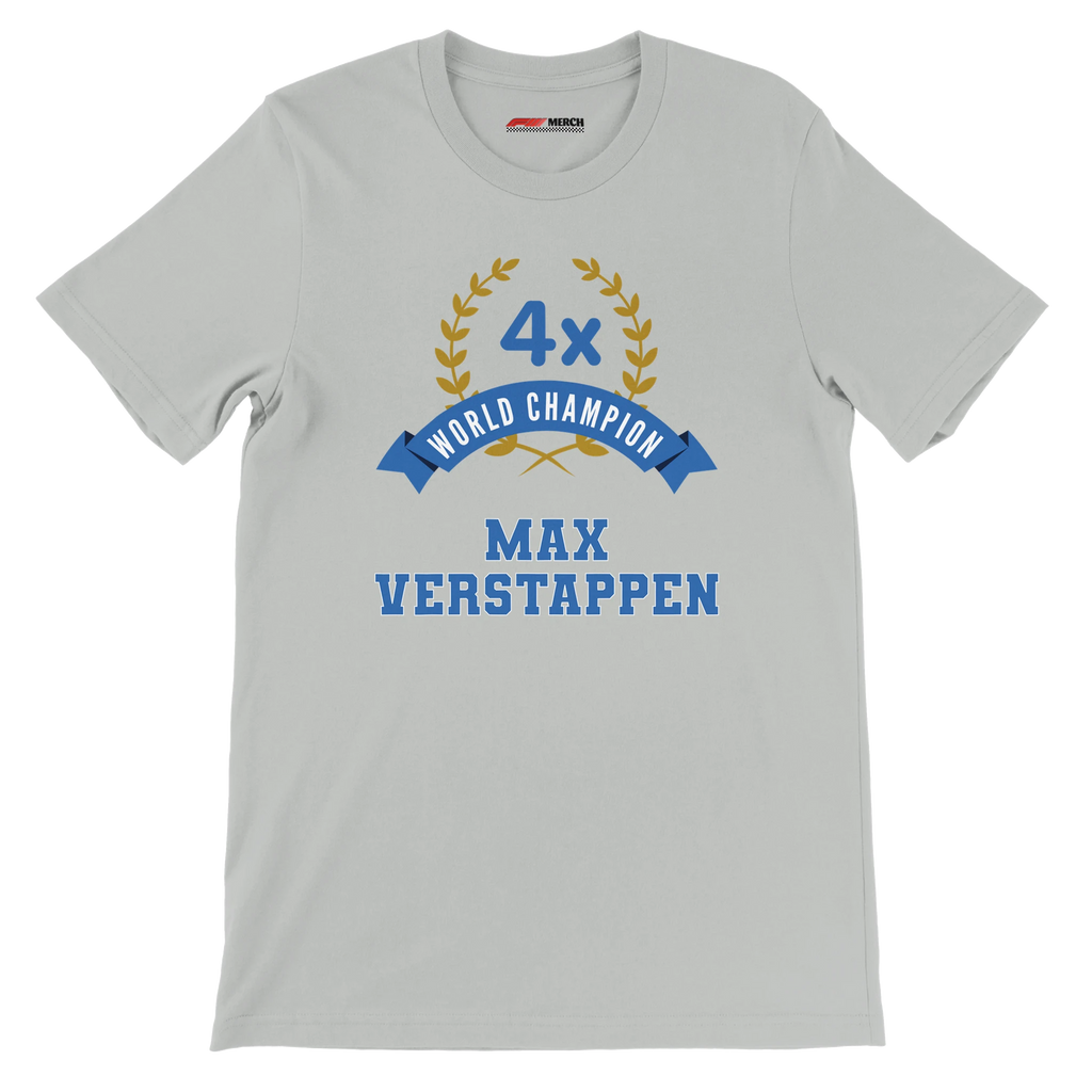 f111 merch silver color t-shirt3 with max-verstappen branding.