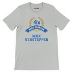 f111 merch silver color t-shirt3 with max-verstappen branding.