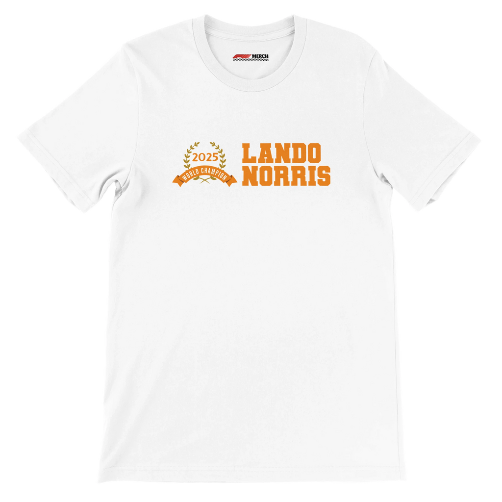 f111 merch white color t-shirt3 with lando-norris branding.