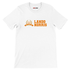 f111 merch white color t-shirt3 with lando-norris branding.