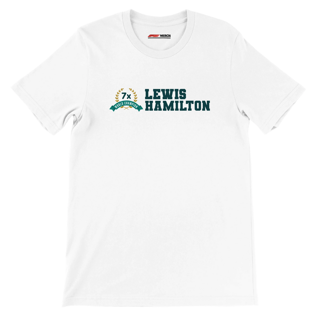 f111 merch white color t-shirt3 with lewis-hamilton branding.