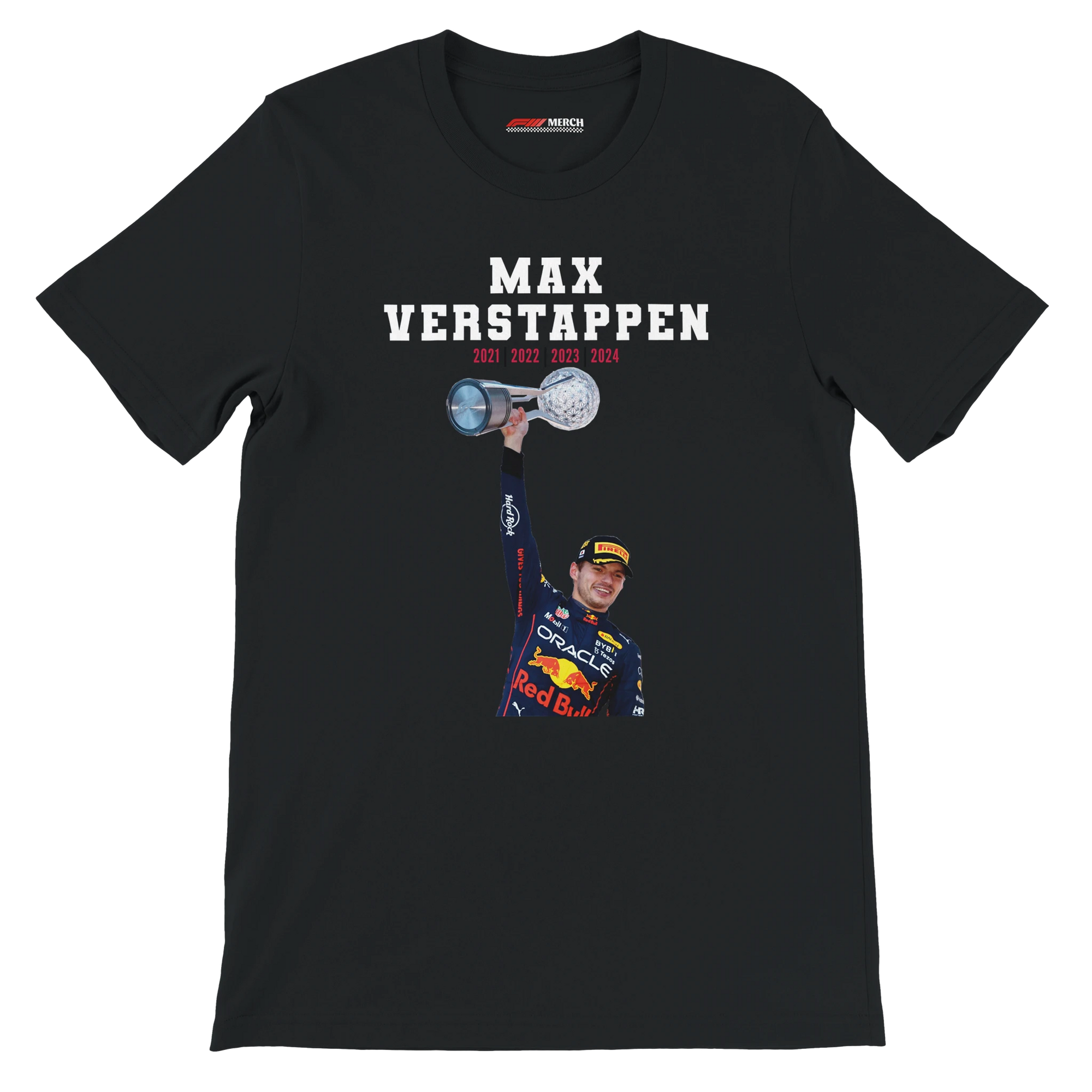 f111 merch black color t-shirt4 with max-verstappen branding.