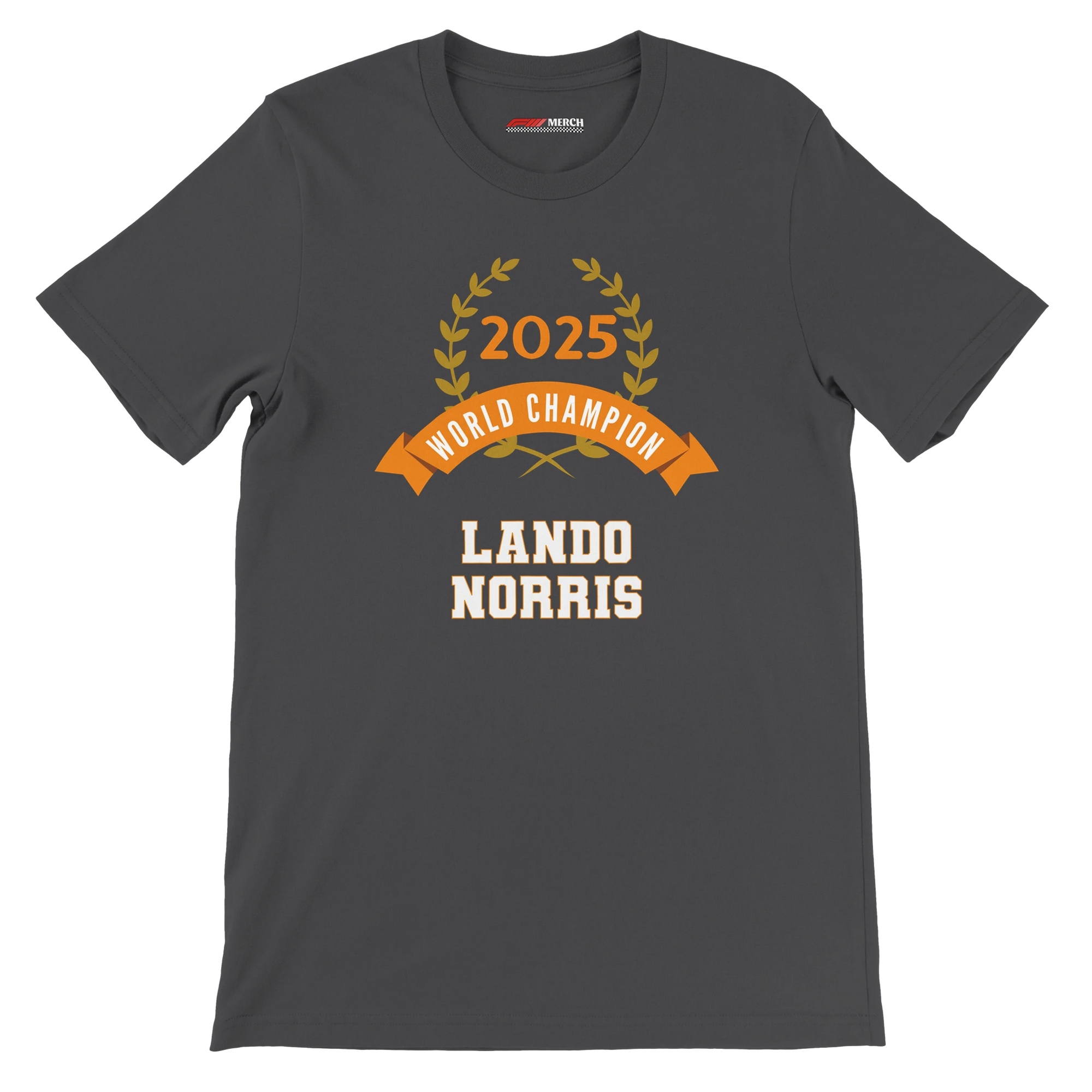 f111 merch dark-grey color t-shirt4 with lando-norris branding.