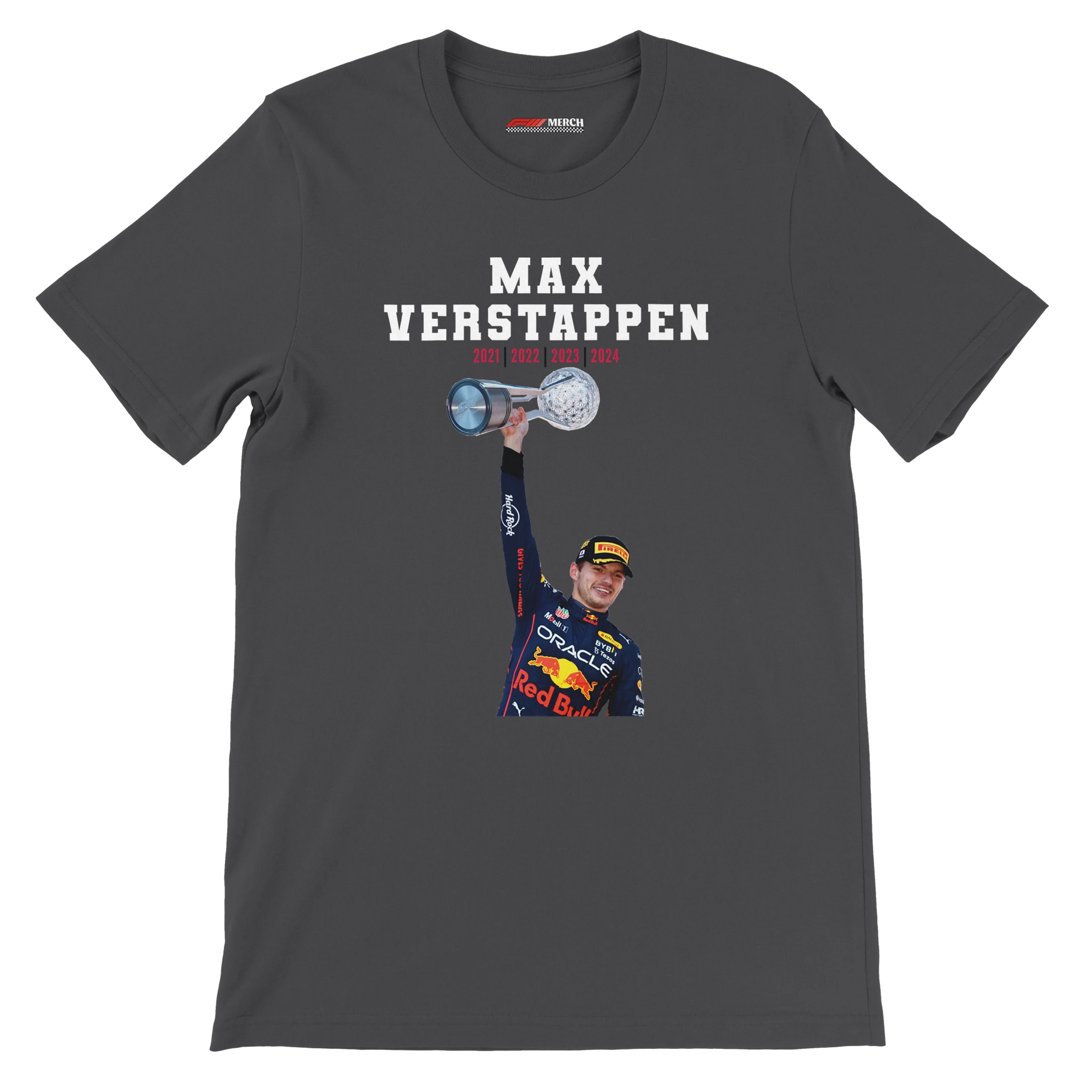f111 merch dark-grey color t-shirt4 with max-verstappen branding.