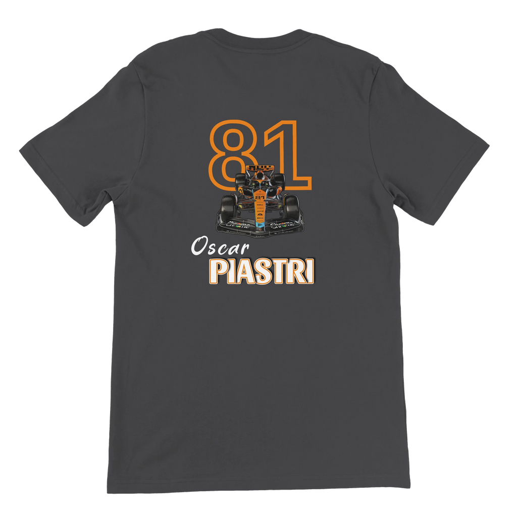 f111 merch dark-grey color t-shirt4 with oscar-piastri branding.