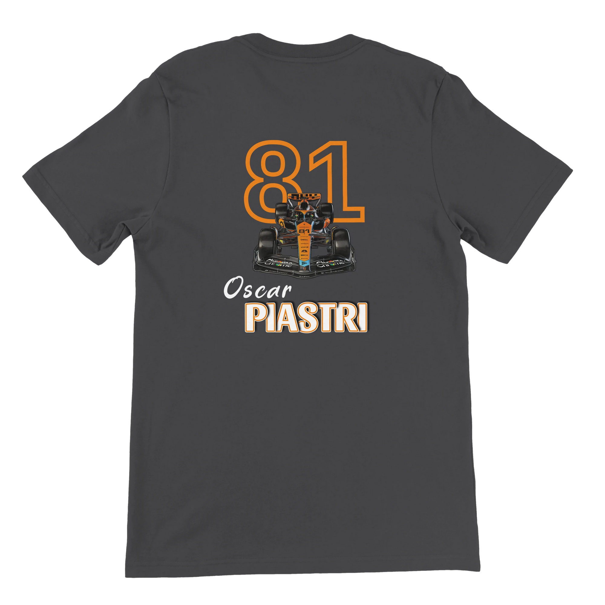f111 merch dark-grey color t-shirt4 with oscar-piastri branding.