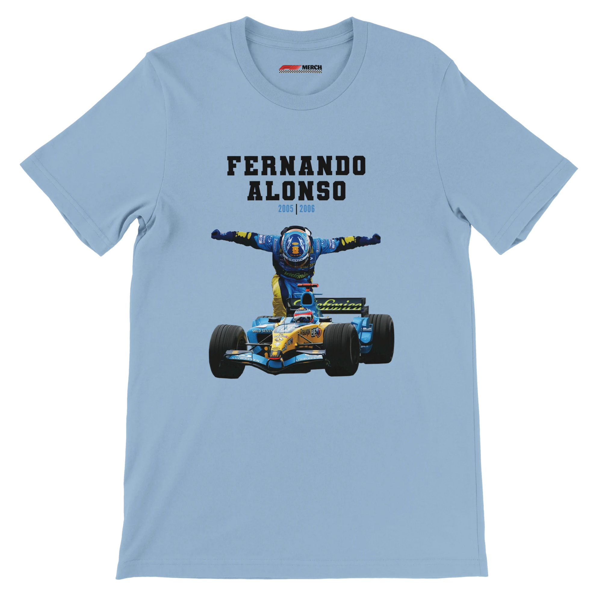 f111 merch light-blue color t-shirt4 with fernando-alonso branding.