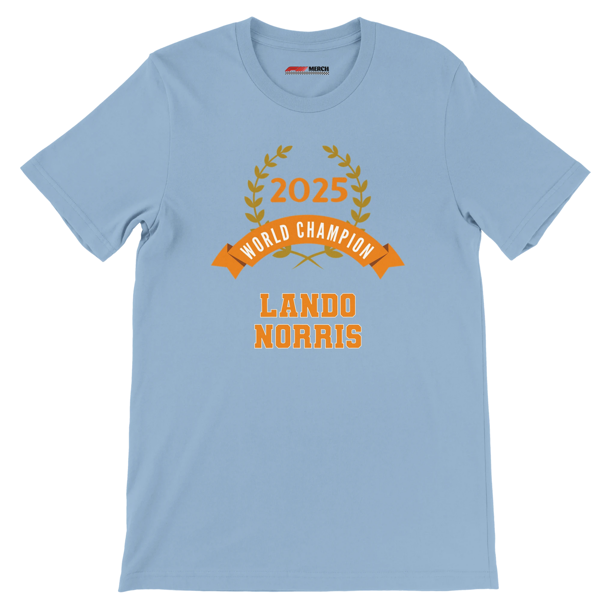 f111 merch light-blue color t-shirt4 with lando-norris branding.