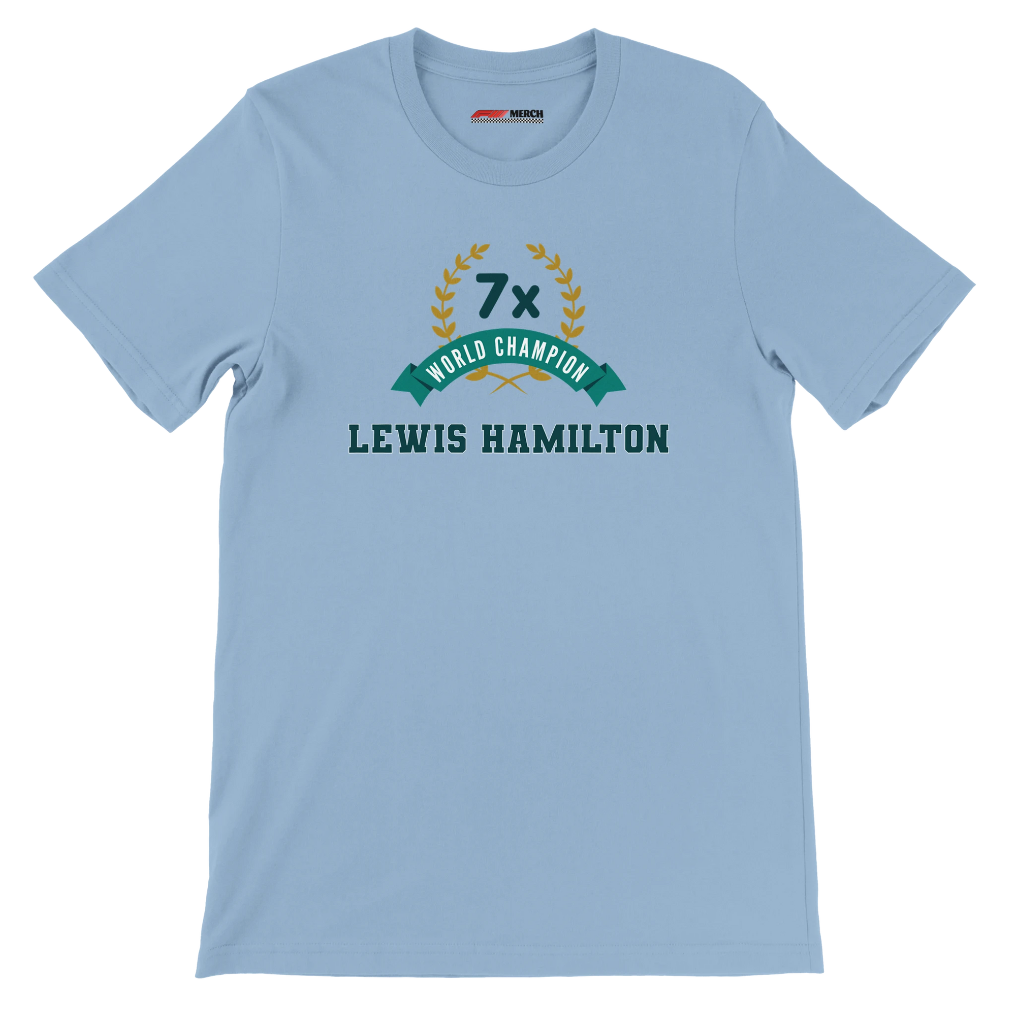 f111 merch light-blue color t-shirt4 with lewis-hamilton branding.