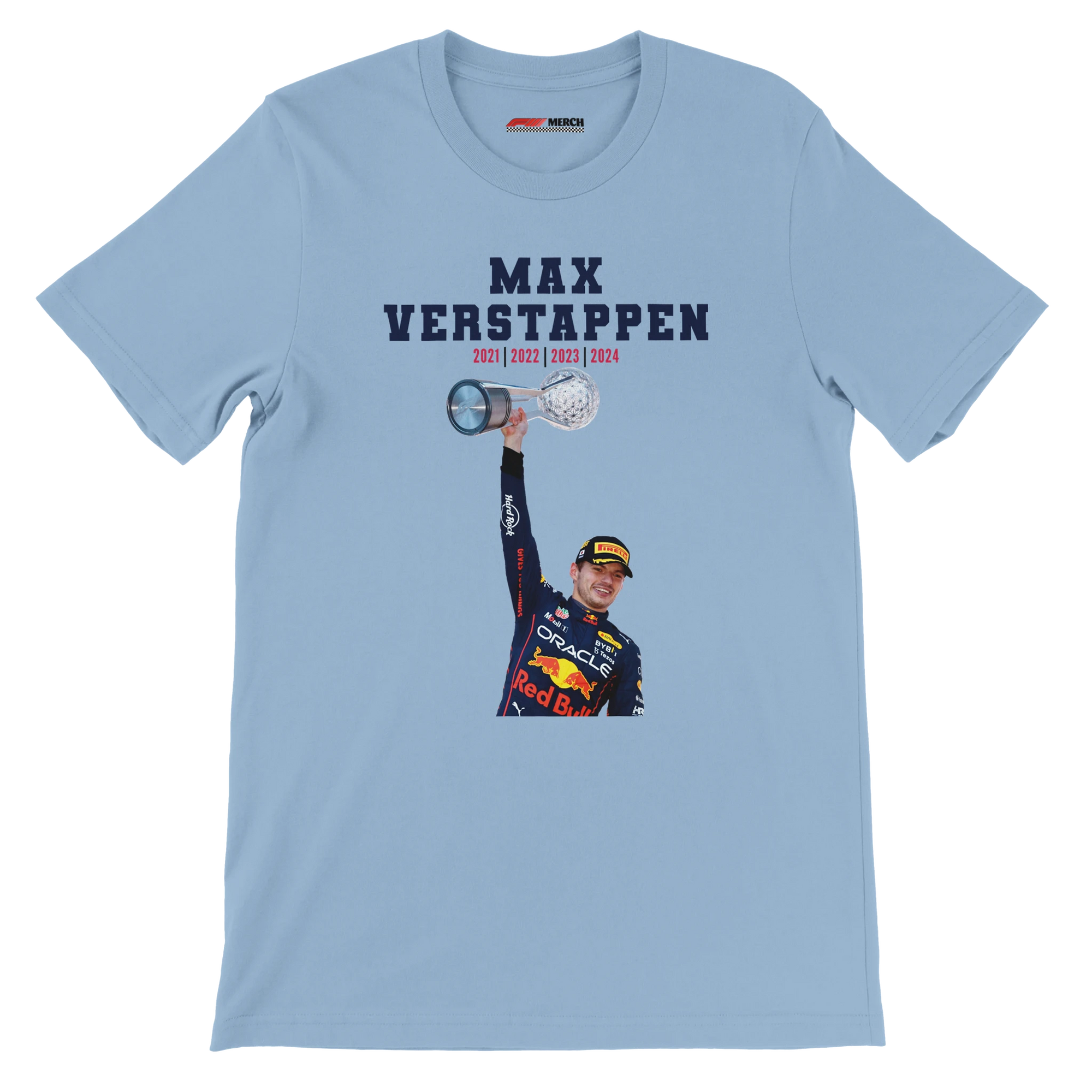 f111 merch light-blue color t-shirt4 with max-verstappen branding.