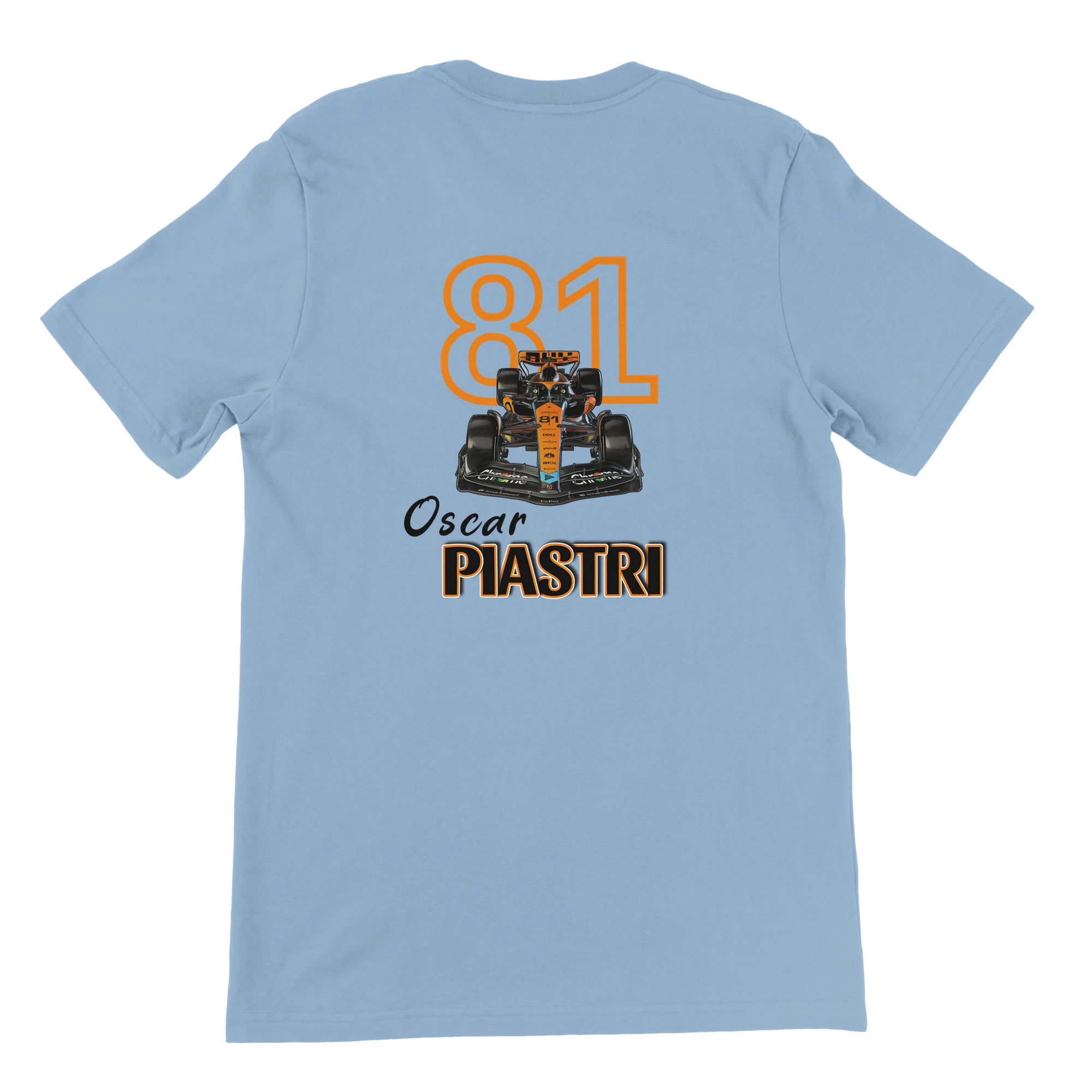 f111 merch light-blue color t-shirt4 with oscar-piastri branding.