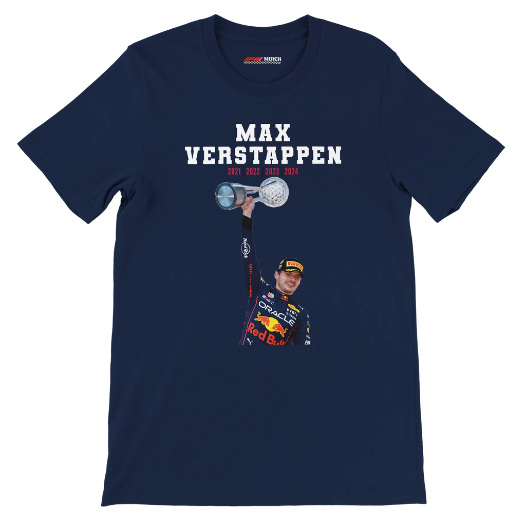 f111 merch navy color t-shirt4 with max-verstappen branding.
