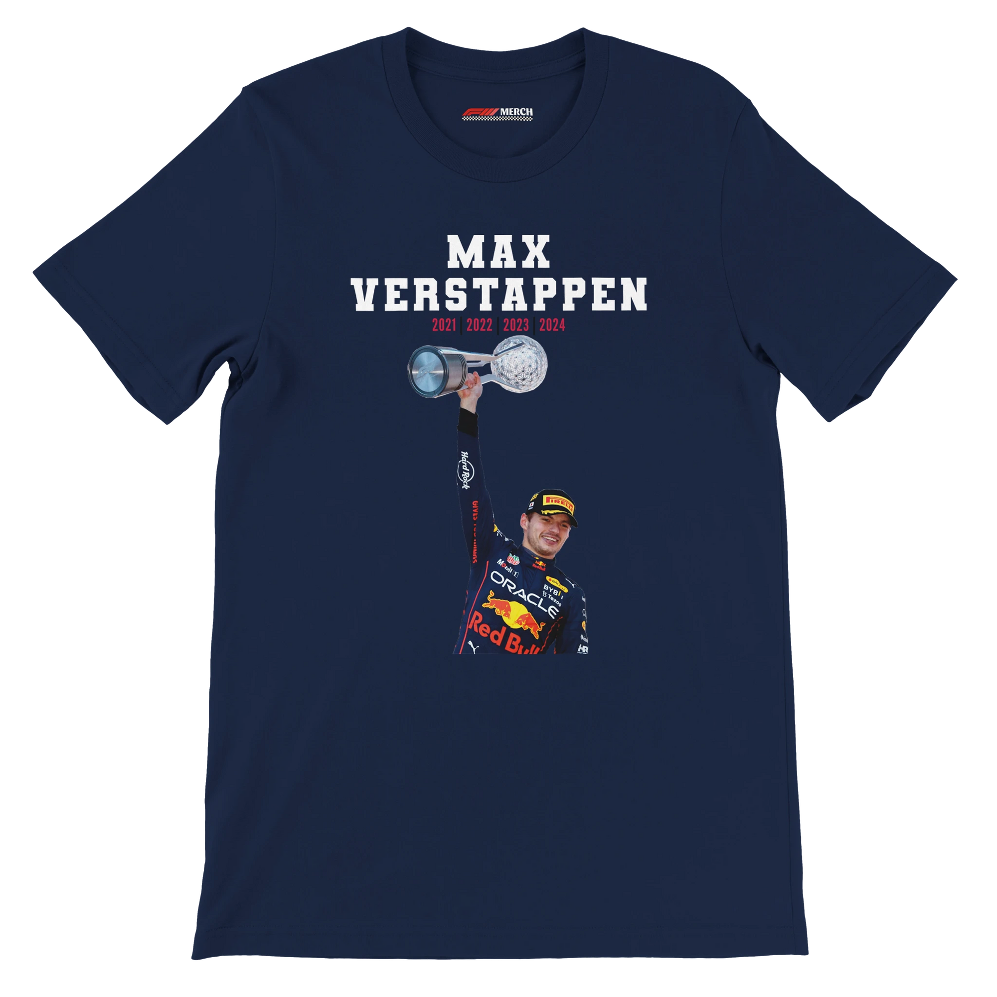 f111 merch navy color t-shirt4 with max-verstappen branding.