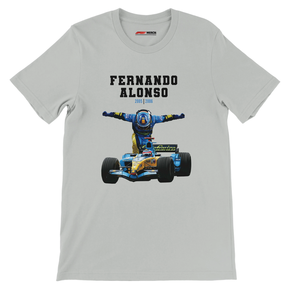 f111 merch silver color t-shirt4 with fernando-alonso branding.