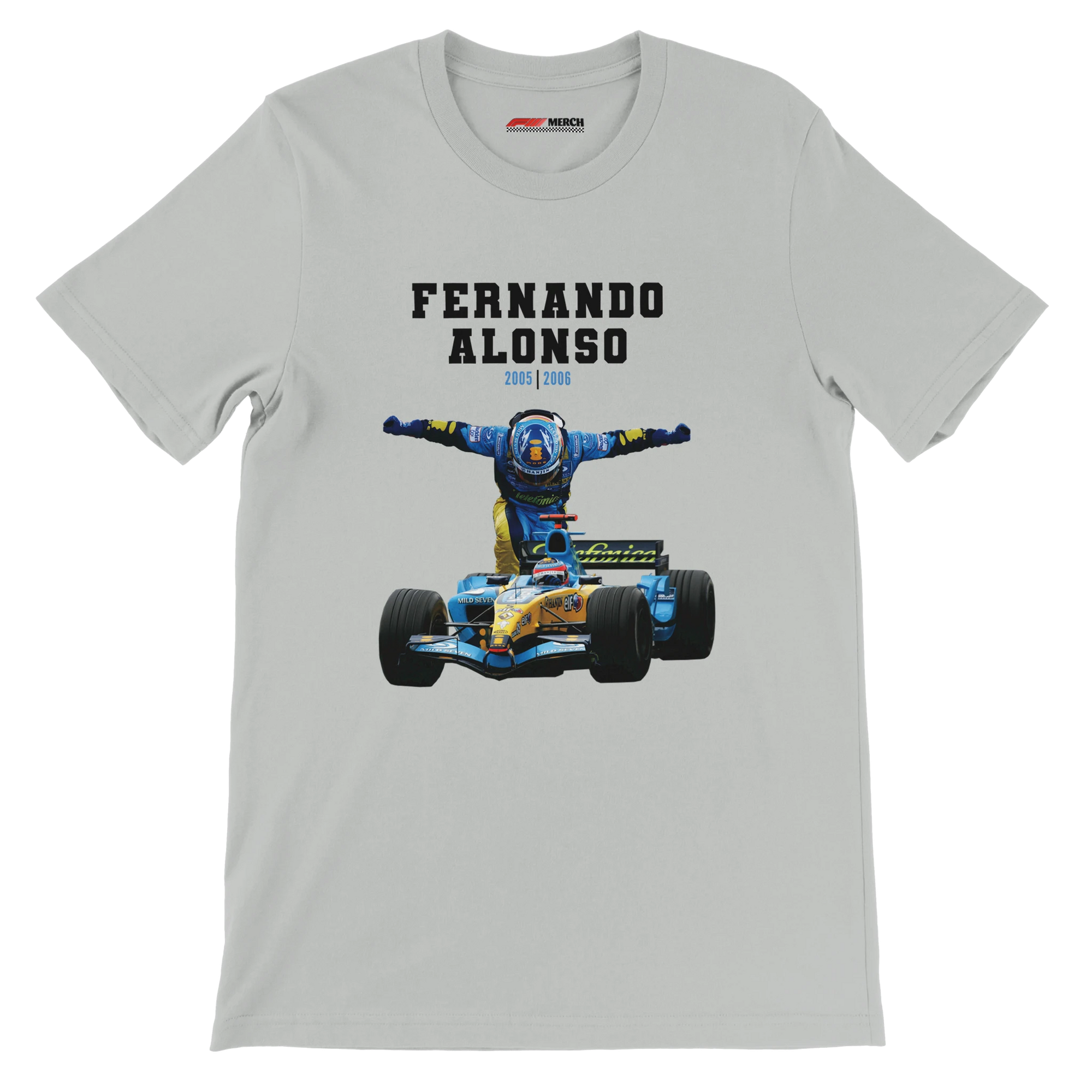f111 merch silver color t-shirt4 with fernando-alonso branding.