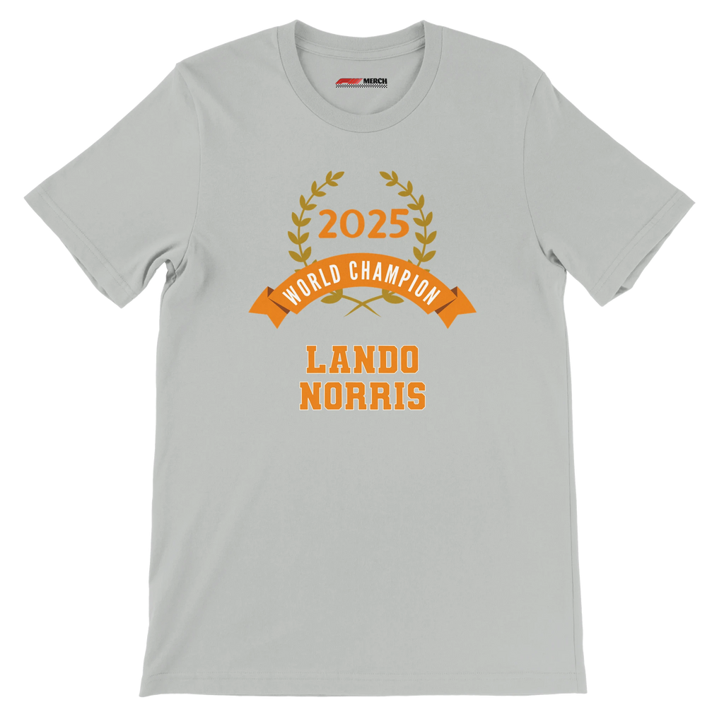 f111 merch silver color t-shirt4 with lando-norris branding.