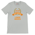f111 merch silver color t-shirt4 with lando-norris branding.