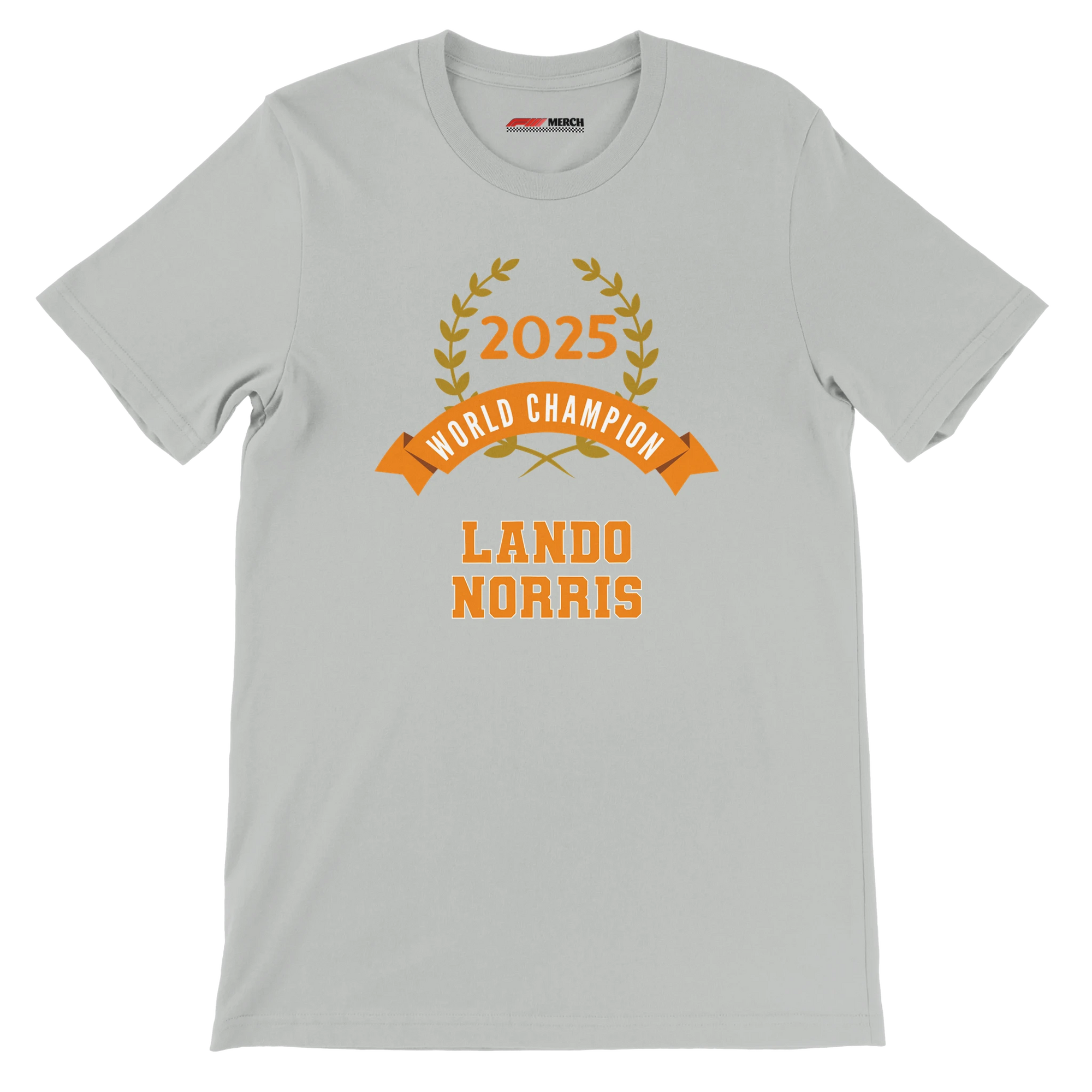 f111 merch silver color t-shirt4 with lando-norris branding.