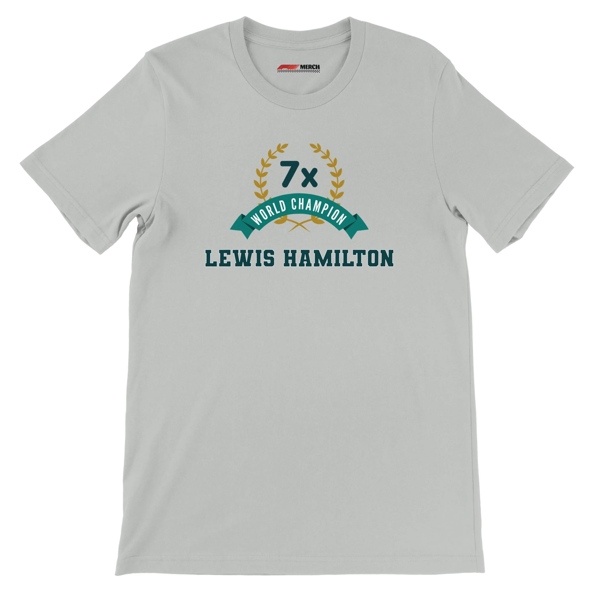 f111 merch silver color t-shirt4 with lewis-hamilton branding.