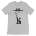 f111 merch silver color t-shirt4 with max-verstappen branding.