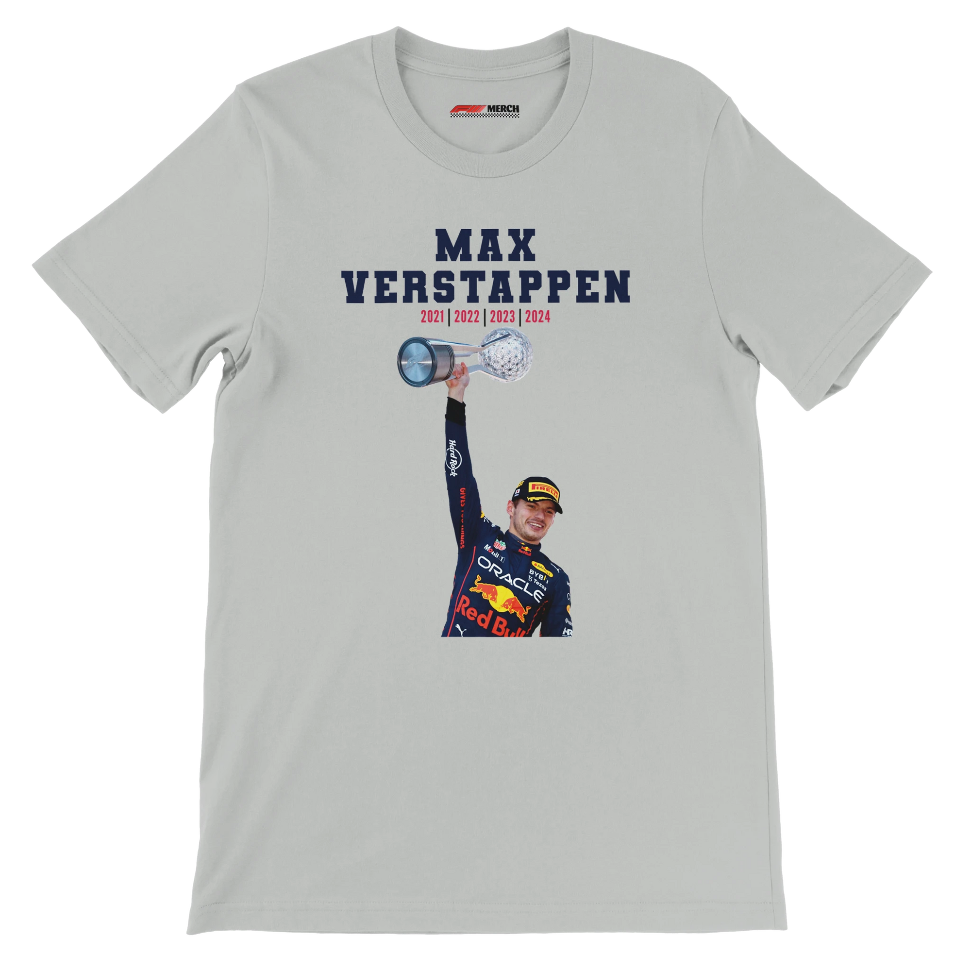f111 merch silver color t-shirt4 with max-verstappen branding.