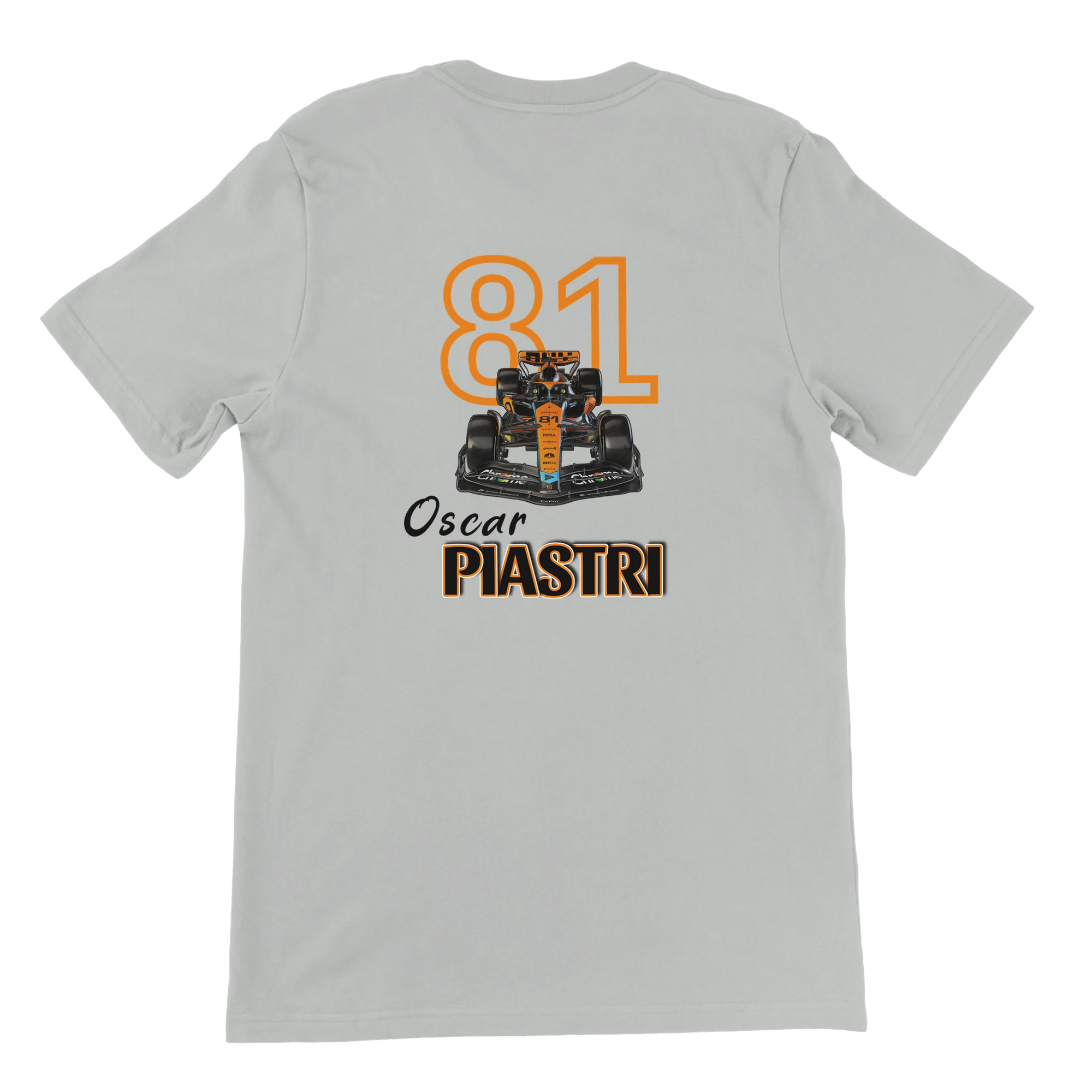 f111 merch silver color t-shirt4 with oscar-piastri branding.