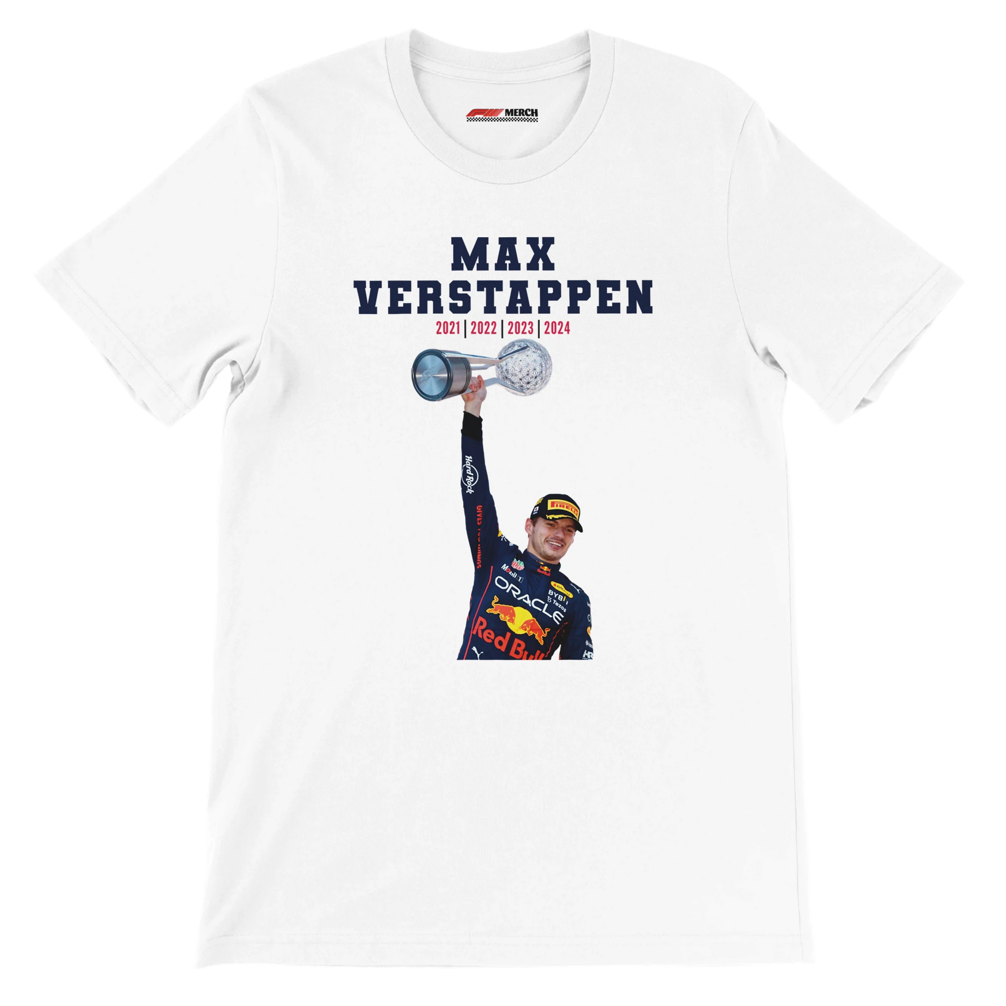 f111 merch white color t-shirt4 with max-verstappen branding.
