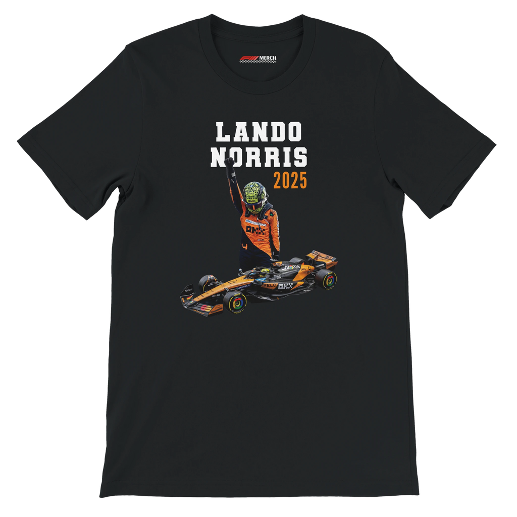 f111 merch black color t-shirt5 with lando-norris branding.