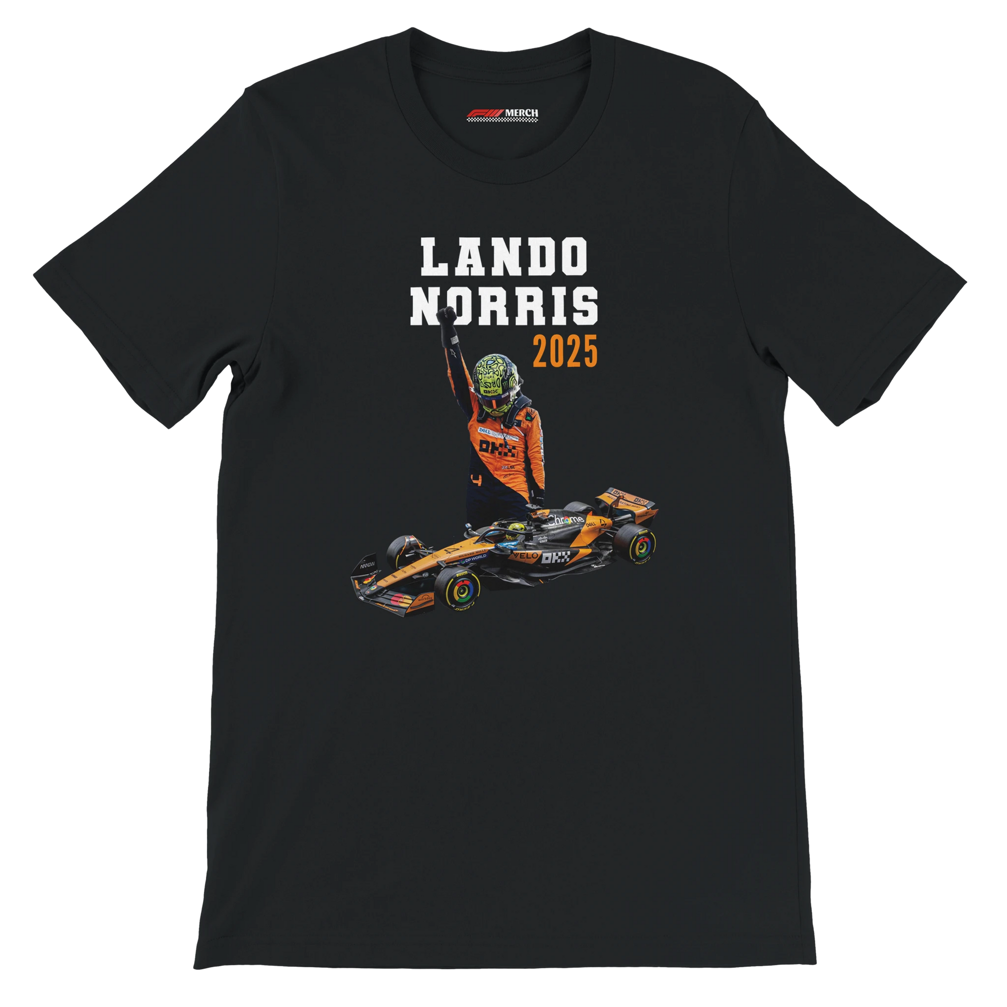 f111 merch black color t-shirt5 with lando-norris branding.