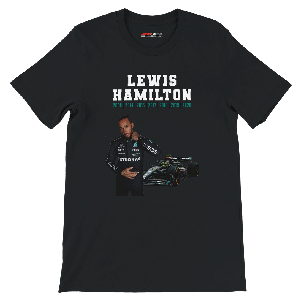 f111 merch black color t-shirt5 with lewis-hamilton branding.