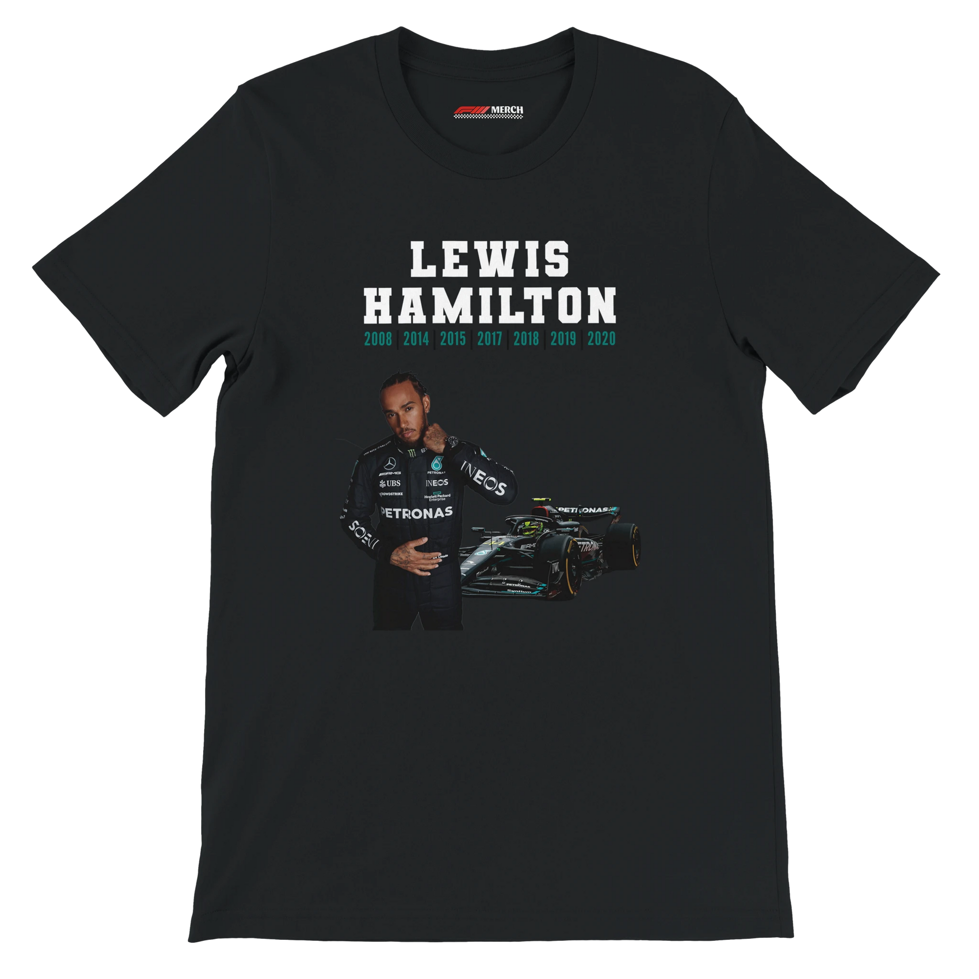 f111 merch black color t-shirt5 with lewis-hamilton branding.